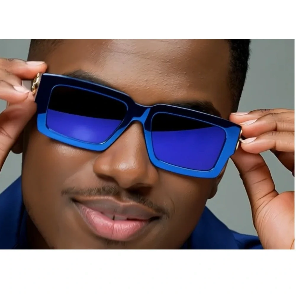 Blue Shinny Mirror Reflective Sunglasses Gold Accent Designer Fashion Shades Hot